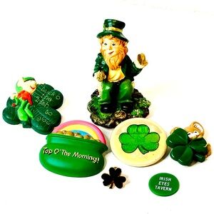 Vintage St. Patrick’s Day Shamrock Lucky pin brooch lot with Leprechaun figurine